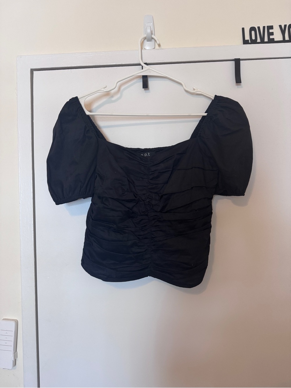 Ruched Black Puff Sleeve Square Neck Blouse